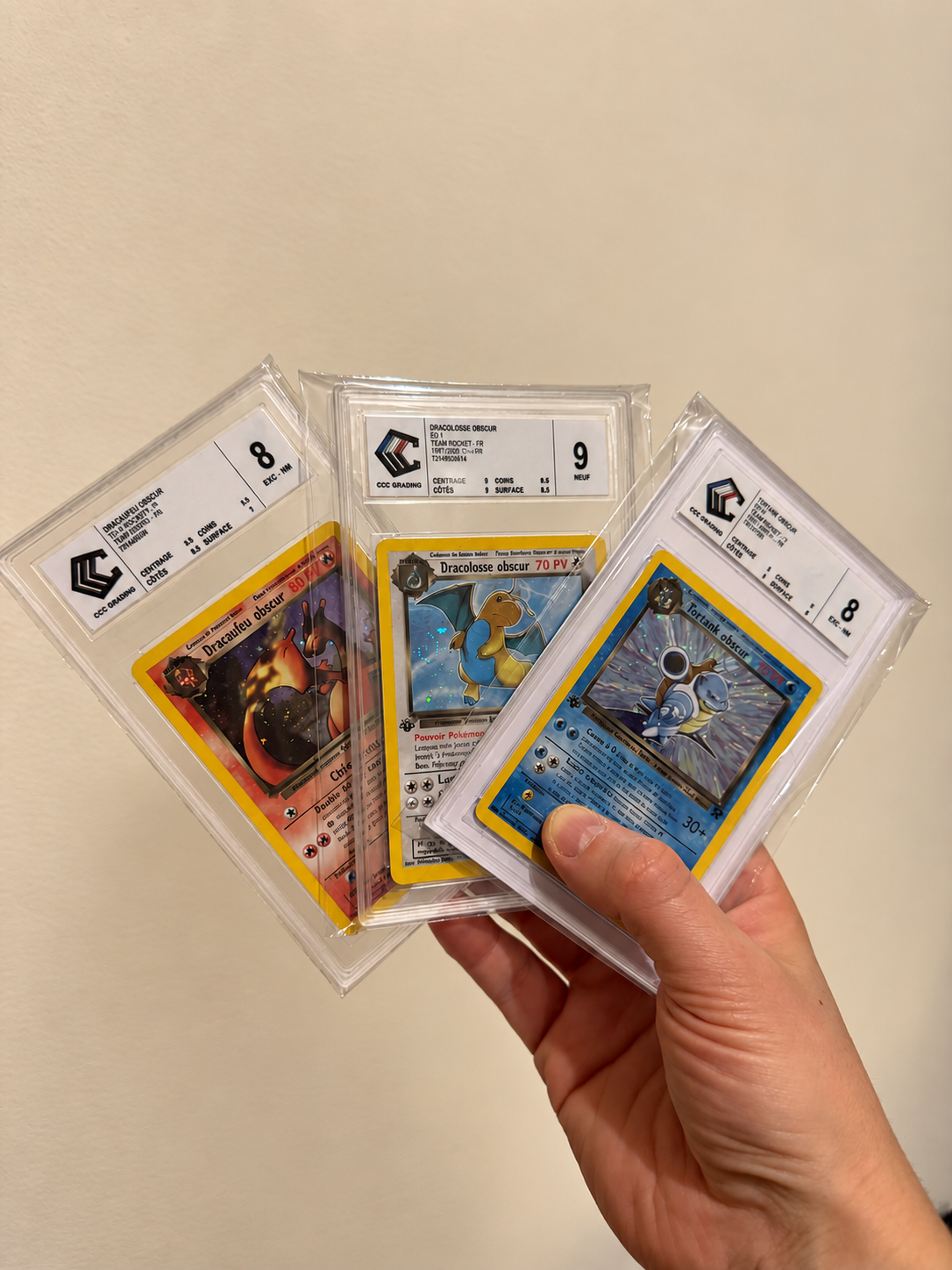 Cartes Pokémon Team Rocket gradées CCC — Dracaufeu obscur, Dracolosse obscur et Tortank obscur